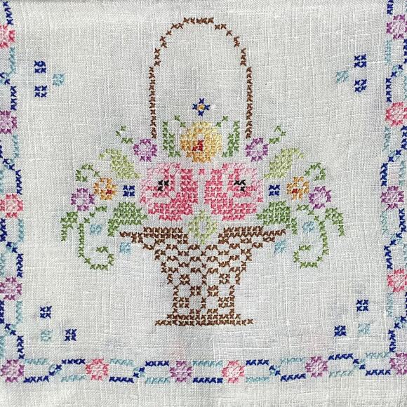 Vintage 40"x12" Hand-Stitched Needlework Tablecloth/Runner Flower Basket w/Trim - Picture 2 of 8